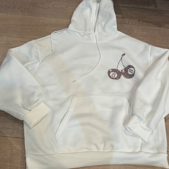 SHEIN WOMENS NEW XL CREAM LEOPARD HOODIE SWEATSHIRT 8 BALL CHERRIES NEW - Picture 1 of 8